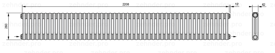 Схема (чертеж) Радиатор Zehnder Charleston 2026/48 №2670 Белый глянцевый RAL 9016